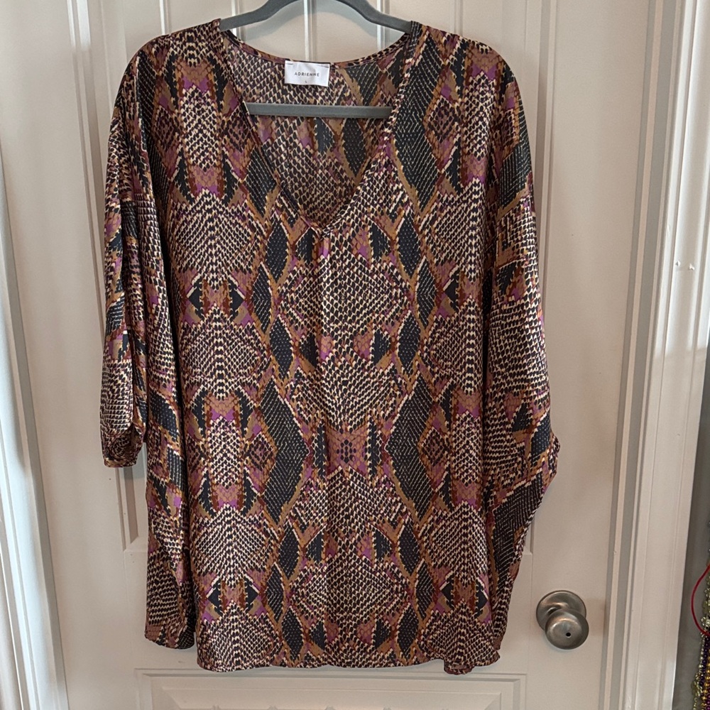 Adrienne Pink and Brown Patterned V-Neck Blouse